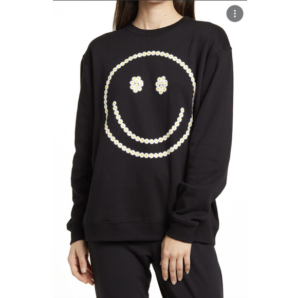 Smiley Face Fleece Crewneck Sweater in Black - Picture 1 of 5